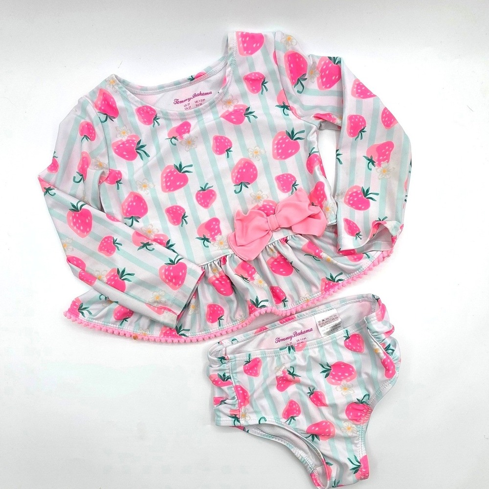 Tommy Bahama Girls 2T Strawberry Stripe Rash Guard Swimsuit‎ Set Pink Mint